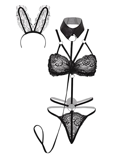 inlzdz Femme Lingerie Ensemble Sexy Costume Lapine Set 3 Pièce Body String Serre-tête Lapin...
