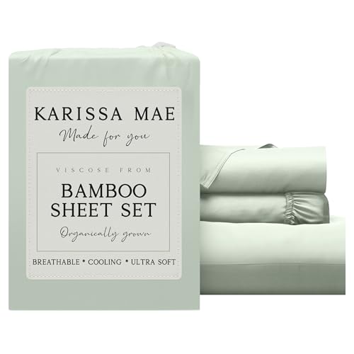 Image of KARISSA MAE Luxury Bamboo Viscose Twin Size Sheet Set | FSC Certified | Cooling | Ultra Soft | 18 inch Deep Pockets | Elastic Corner Straps | Includes Organizer Band [Sea Glass]