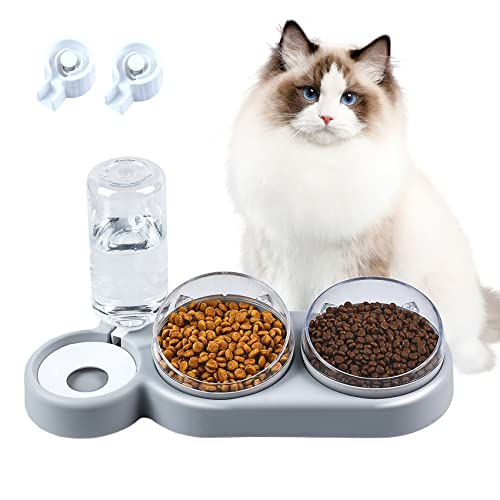 Doppelnapf für Katzen,15 ° Neigung Anti-Erbrechen Katzenschüssel,3 in 1Futternapf Katzen,mit automatischem Wasserspender，Doppelte Futternapf kleine und mittlere Katzen und Hunde (grau)