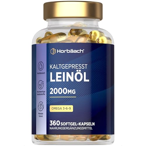 Leinöl Kapseln 2000mg | Omega 3 6 9 | 1000mg pro Kapseln | 6 Monate Vorrat - 360 Hochdosiert Weichkapseln | Kaltgepresstes Softgels | Linseed Oil Capsules | by Horbaach