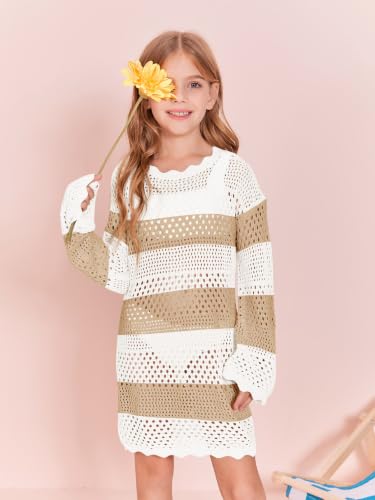 Image of Batermoon Girls Crochet Long Sleeve Swimsuit Cover Up Kids Fashion Hollow Out Swimwear Beach Dress 5-14 Years