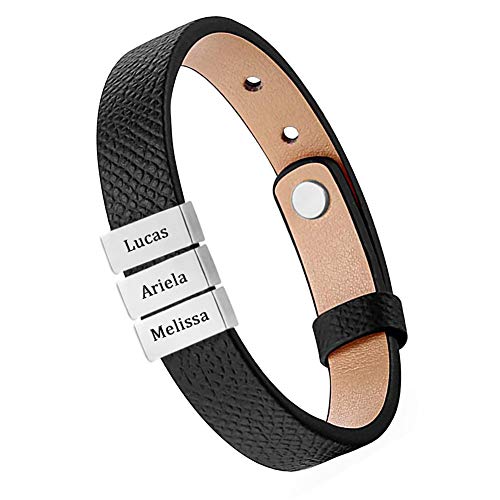 ProJewelry Fathers Day Genuine Leather Bracelet with Kids Name,Gifts for Dad/Husband,Handmade Personalized Mens Bracelet with 1-5 Engraved Stainless Steel Beads, 7.9-9.1 Inches Adjustable Bracelet