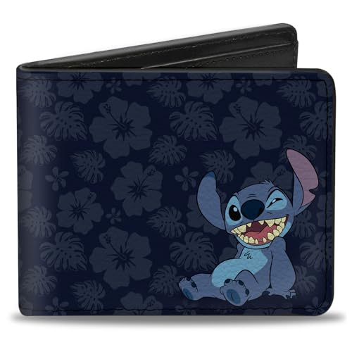 Buckle-Down Men's Disney Wallet, Bifold, Stitch Winking Pose Tropical Flora Blues, Vegan Leather, Multicolor, Standard Size, Multicolor, Standard Size