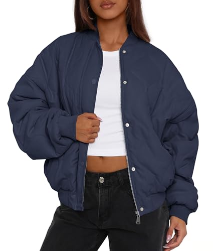 PRETTYGARDEN Women's Quilted Bomber Jacket Fall Fashion 2025 Lightweight Cropped Zip up Outerwear Winter Puffer Coats Pockets (Navy Blue,Large)