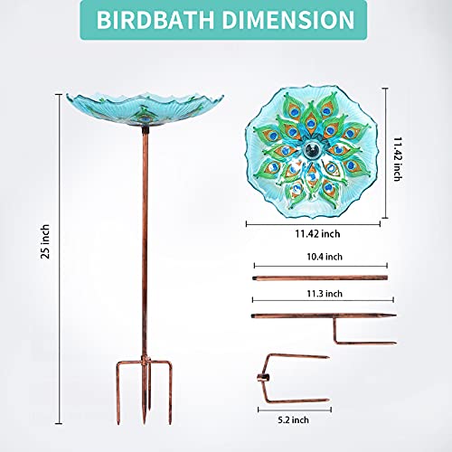 Mumtop Glass Bird Bath, Garden Outdoor Birdbaths Birdfeeder With Metal Stake Peacock #TOP5