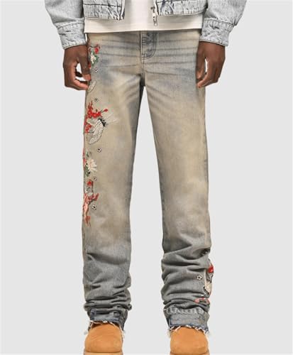 Men's Jeans Distressed Floral Embroidery Straight Leg Stretch Denim Pants Streetwear Trousers2