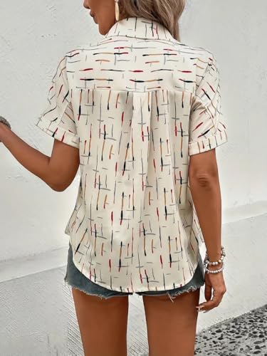 Image of Gufrina Women's Short Sleeve Button Down Shirt with Abstract Brushstroke Print in Beige and Multicolor - Lightweight Casual Summer Top for Relaxed Fit