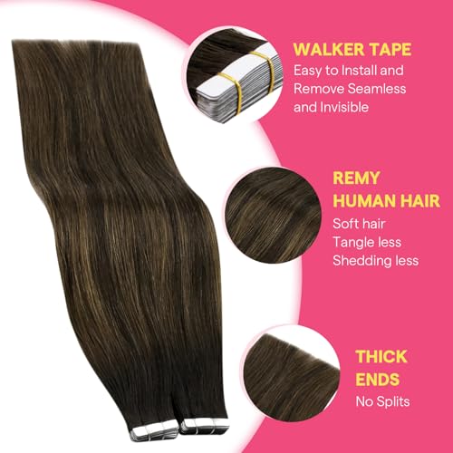 Image of Ve Sunny Hair Tape in Hair Extensions Human Hair 24Inch Long | Darkest Brown with Medium Brown Balayage,50g 20Pcs,Smooth Soft,for Daily Use