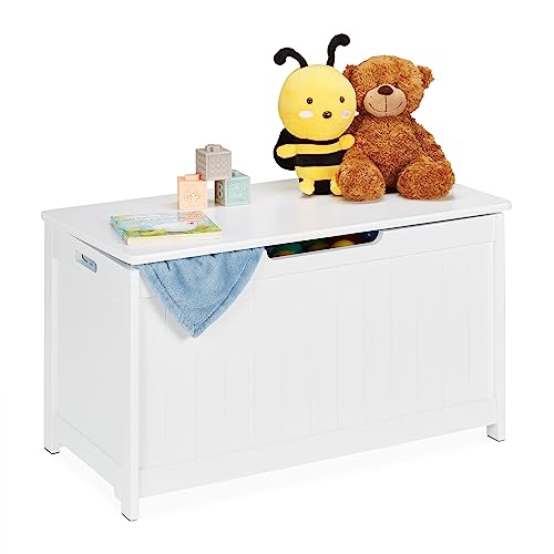 Relaxdays Cassapanca Bambini, Baule Portagiochi da Cameretta, Contenitore con Coperchio, MDF, HLP 45x80x40 cm, Bianco