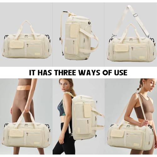 Eslcorri Foldable Duffle Gym Bags for Women Men Small 3 in 1 Travel Duffel Backpack with Shoe & Wet Pocket Collapsible Carry On Personal Item Luggage Fit for Overnight Weekender Sport Fitness -Beige4