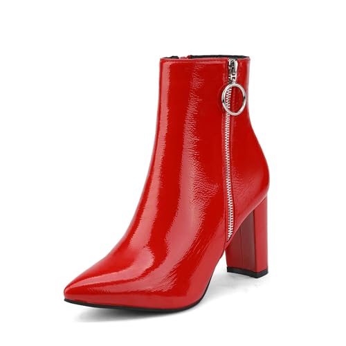 DREAM PAIRS Women's Chunky Heel Ankle Booties Pointed Toe Short Boots 5 Red/Pat-3