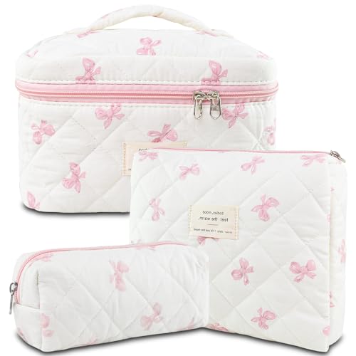 AMZMA Makeup Bag, 3 PCS Quilted Makeup Bag, Cute Floral Cotton Cosmetic Bag set, Coquette Makeup Pouch Large Travel Toiletry Bag