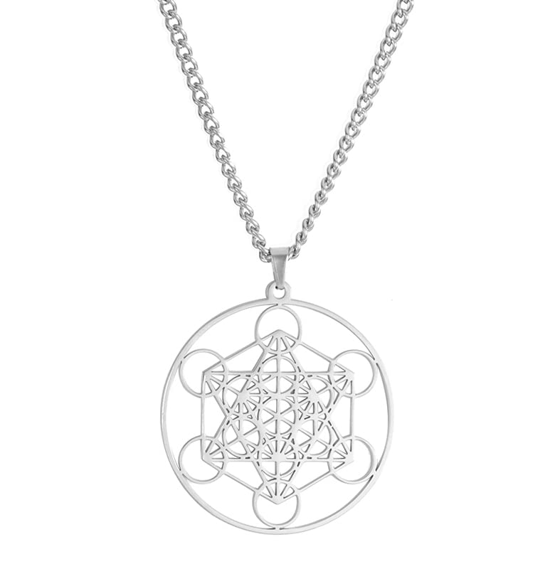 VASSAGO Metatron's Cube Necklace Stainless Steel Geometric Hollow Mesh Pendant Sacred Hexagram Religious Jewelry for Men Women (1-Silver)