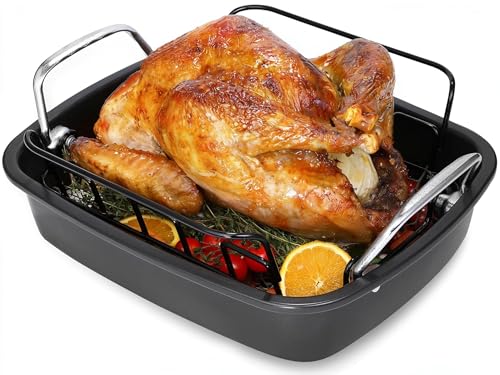 Comparison: Best Oven Roasting 20 Pound Turkey 8 AOTASO Nonstick Roasting Pan with Rack, Turkey Roasting Pan for Oven, Large Roaster Pan with Handle for Chicken, 17 X 13 Inch, Carbon Steel, Dark Grey