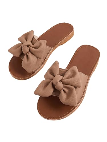 Verdusa Women's Bow Knot Flat Sandals Open Toe Slides Leather Summer Slippers