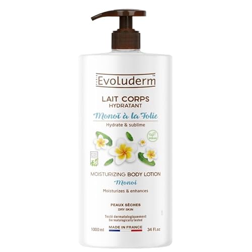 EVOLUDERM - Lait Corps Hydratant Monoï à la Folie - 1000 ml - Ingrédients d'Origine Naturelle - Végan - Fabrication Française