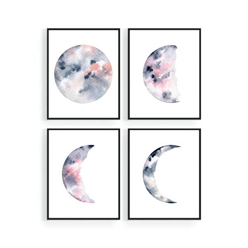 Pink Moon Phases Wall Art,Aesthetic Pink White Wall Decor,Lunar Phases Botanical Prints,Minimalist Modern Wall Decor,Bohemian Decor, Boho Celestial Watercolor Wall Decor,Trendy Galaxy Theme Decor,Preppy Room Decor,Teen Girls Bedroom Pink College Dorm