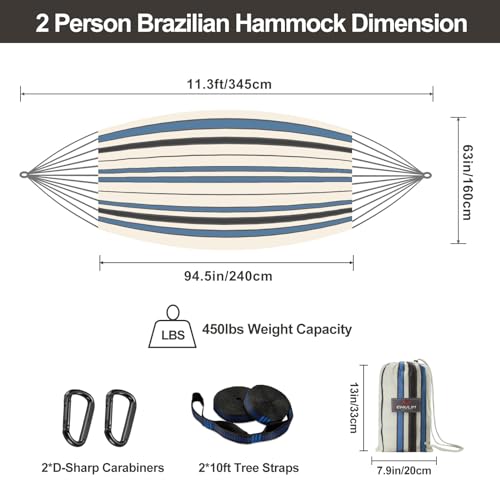 Image of CHULIM Brazilian Double Hammock with Tree Straps,Extra Large 94x63IN,2 Persons Hammock for Backyard Patio Outdoor and Indoor,450lbs Weight Capacity,Soft Woven Cotton Fabric - Blue Stripe