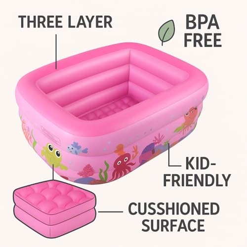 Image of 5 Ft Inflatable Swimming Pool with Sea Life Design for Kids & Family, Quick Inflation, Durable PVC, Electric Air Pump Included, Outdoor Backyard Play Pool, Pink (150 x 105 x 55 cm)