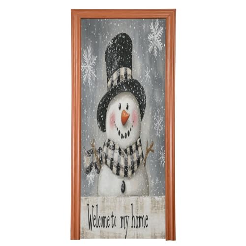 J JOYSAY Black Christmas Snowman Snowflakes Door Decorations Door Cover Christmas Decoration Front Door Xmas Decorations for Christmas Party,35x79 in