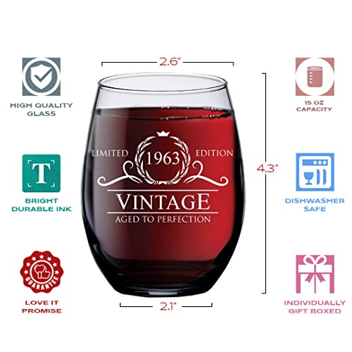 60Th Birthday Gifts For Women Men - 1963 Vintage Style Stemless Wine Glass - Birthday Glasses Drinking Gifts - 60Th Birthday Decorations For Women - Retirement Gifts For 60 Year Old Woman Man - 15 Oz #TOP3