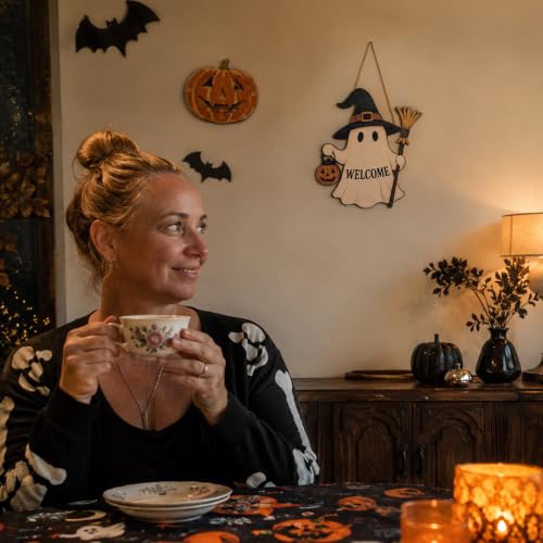 Image of Halloween Decorations - Halloween Wooden Ghost Welcome Sign for Front Door