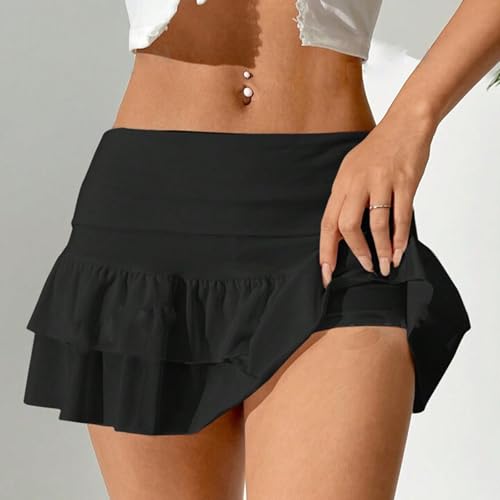 Women Layered Ruffle Mini Skirts Summer Low Waist Solid Casual A-Line Skirt Cute Tiered Pleated Flowy Short Skirts3