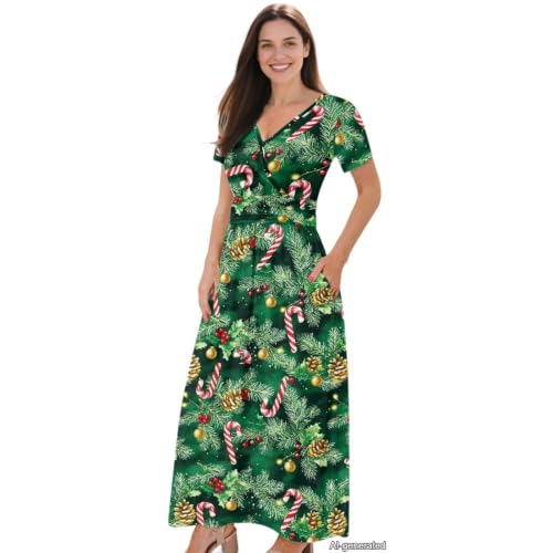 Image of Women's Fall Summer Short Sleeve Ankle Length V-Neck Party Dress with Pockets Size S-3XL
