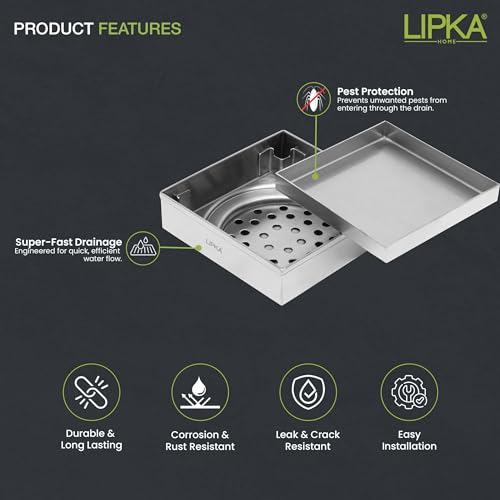 Image of Lipka Tile Insert Floor Drain | 5 x 5 Inches | Premium Grade Stainless Steel Invisible Shower Drain Channel | Waste Water Floor Drain for 13mm Tile with Cockroach Trap | Square Tile Insert Floor Drain