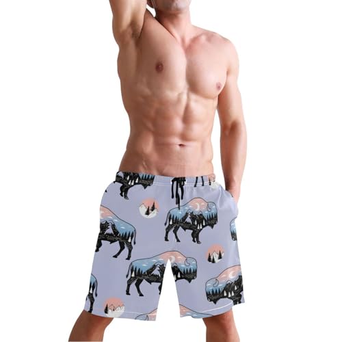 Men's Swim Trunks Quick Dry Swimming Shorts with Pocket Buffalo Silhouettes with Landscape Scenes Swimsuit Trunks4