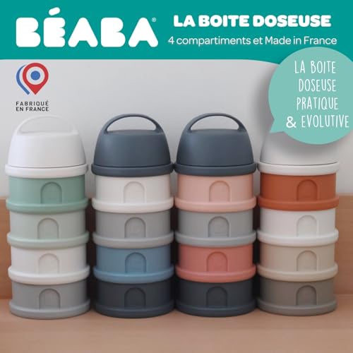 Image of Beaba Formula Container with 4 Stackable and Interchangeable Compartments, Milk Dispenser, 100% Airtight, Large Capacity, Funnel Tip for Pouring Powder with Precision, Evolutive use, Clay