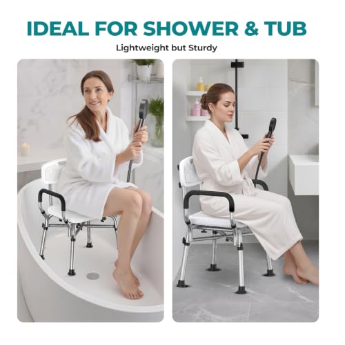 Image of Shower Chair for Inside Shower with Arms & Back, 550 lbs, 6 Heights | Dual Crossbar Frame, Non-Slip Feet, 22-Inch EVA-Cushioned Seat, Showerhead Holder, Rust-Resistant Aluminum, Tool-Free Setup