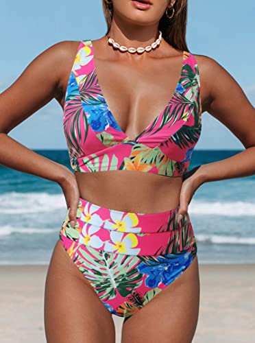Image of Hilinker Women's Leopard Bikini Swimsuits V Neck High Waisted 2 Piece Bathing Suits