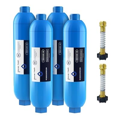 GLACIER FRESH RV/Marine Water Filter with 2 Flexible Hose Protector, Greatly Reduces Bad Taste, Odors, Chlorine and Sediment in Drinking Water, 4 Pack