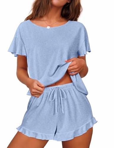 Image of Ekouaer Women's Pajama Set Ruffle Sleeves Top and Short Soft 2 Piece Loungewear Set