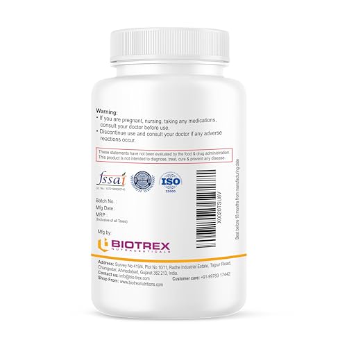 Biotrex Nutraceuticals Magnesium Glycinate | Highest Bioavailability | Cramps, Sleep & Mood balance | Chelated Form With Superior Absorption | Muscle Recovery & Nerve Function | 120 Veg Capsules