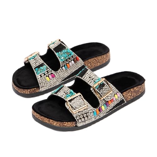 Bohemian Double Buckle Sandals, Cork Sole Slides with Turquoise Beads, Silver Rhinestone Straps, Colorful Crystal Embellished - Main Image