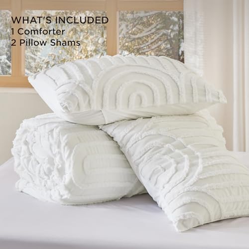 Image of Bedsure Boho Tufted White California King Comforter, GentleSoft 3 Pieces Boho Farmhouse-Style Decor Bedding, Arch Bedding for All Seasons, 1 Bed Comforter, 2 Pillow Shams, 104x96 Inches