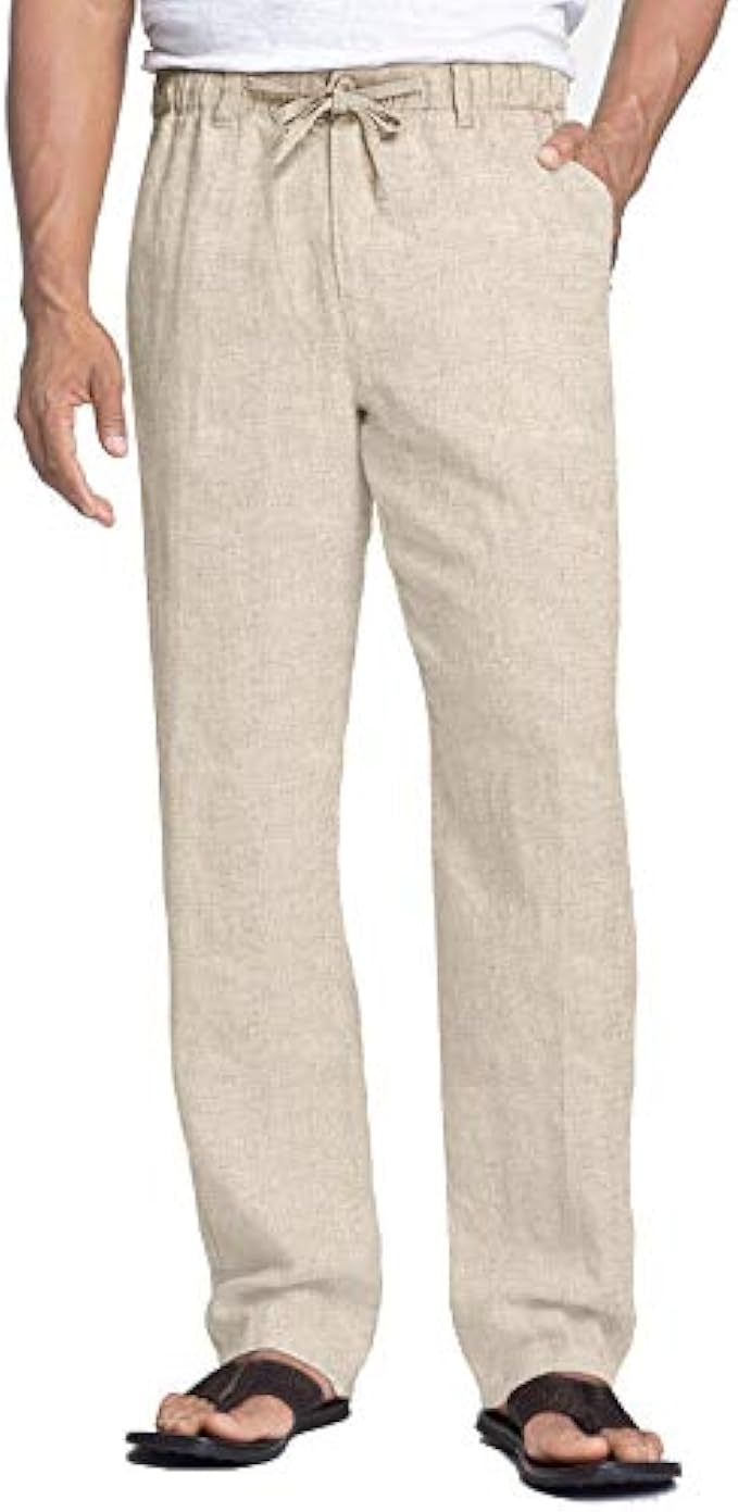 COOFANDY Men's Casual Linen Pants Elastic Waist Drawstring Beach Summer Pants Lightweight Linen Trousers