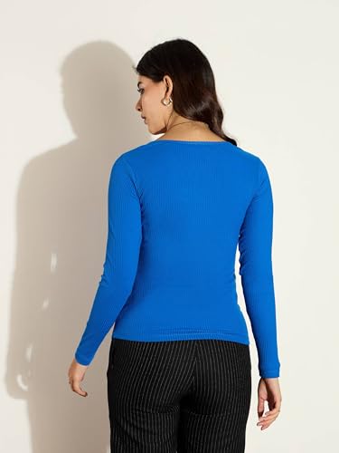 Image of sassafras Women's Slim Fit Full Sleeves Rib Square Neck Ribbed Basics - Casual Ribbed T-Shirt Tops
