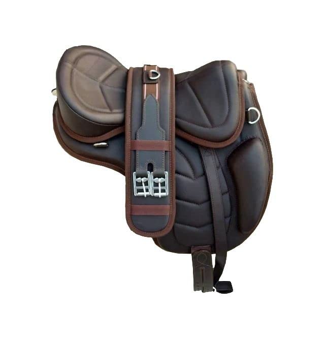Freemax Selle souple en cuir de cheval sans arbre Marron 12" à 18" avec sangle assortie