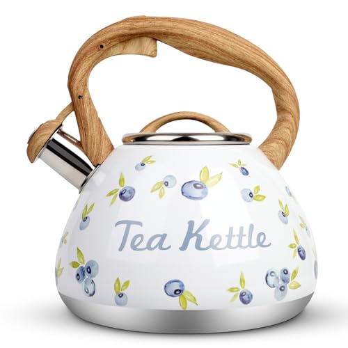Tea kettle with wooden pattern handle 2.7-qt blueberry