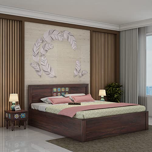 Image of Solid Wood Queen Size Bed for Bedroom | Wooden Furniture Crafted from Premium Sheesham Wood | Elegant Bedroom Double Bed with Storage | Walnut Finish (82X62X38 Inches)