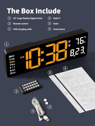 Image of 15-Inch Digital Wall Clock with Large LED Display - Remote Control, Auto-Dimming, Night Light, Date, Day, Temperature, DST Function - Ideal for Living Room, Bedroom (16 Inch Orange)