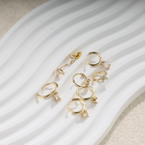 Image of Gold Earrings for Women, 14k Gold Plated Dangle Huggie Earrings for Women Trendy Dainty Gold Hoop Earring Stacks Hypoallergenic Pearl Chain Drop Cartilage Earring Fashion Womens Jewelry