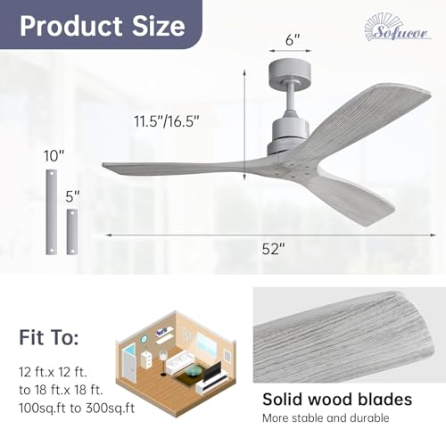 Image of Sofucor 52 Inch Smart Wood Ceiling Fan No Light, Alexa /App /Remote Control | Without Light, Modern, 3 Blade, Quiet Reversible DC Motor, 6 Speeds, Timer, Indoor /Outdoor /Bedroom /Living Room /Patio, Grey