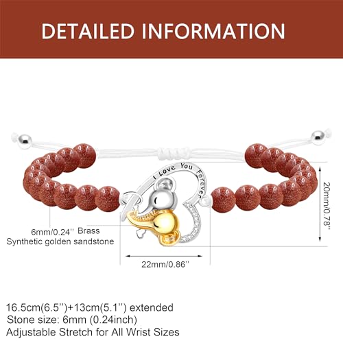 Image of Double Elephant Heart Charm Natural Crystal Bracelet, Treatment Stone Bracelet Calm Stretch Bracelet Women's Stress Relief Gift for Moms I Love You Couple Jewelry