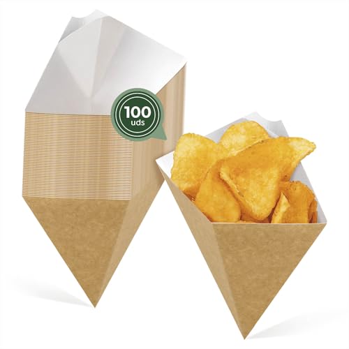 MAXI PRODUCTS - 100 Envases Cono Cartón Kraft con Salsera - 16,5 x 19,5 cm - Capacidad 250 cc - Antigrasa y Resistente a Aceites - Doble Capa Aislante - Aperitivos y Catering - LISTO PARA USAR