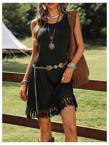 Women's Boho Tassel Tank Dress Western Cowgirl Fringe Scoop Neck Sleeveless Vacation Dresses4