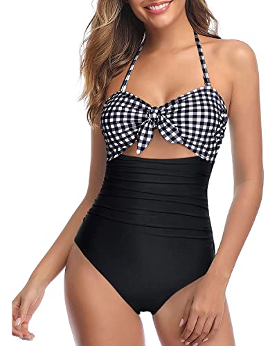 Image of Tempt Me Women Sexy Cutout One Piece Swimsuits Tummy Control High Waisted Halter Front Tie Knot Bathing Suit